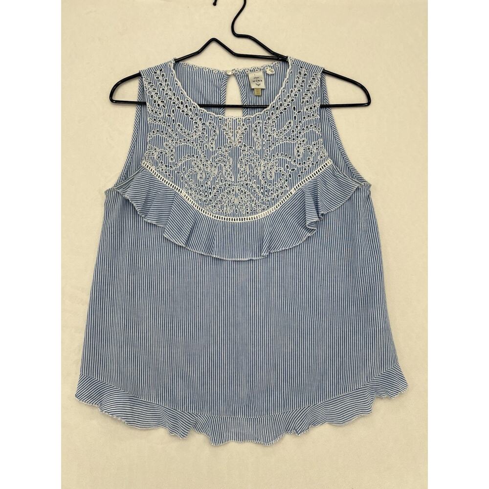 Seen Worn Kept Blue White Striped Cotton Tank Top Eyelet Lace Ruffle Trim US 4